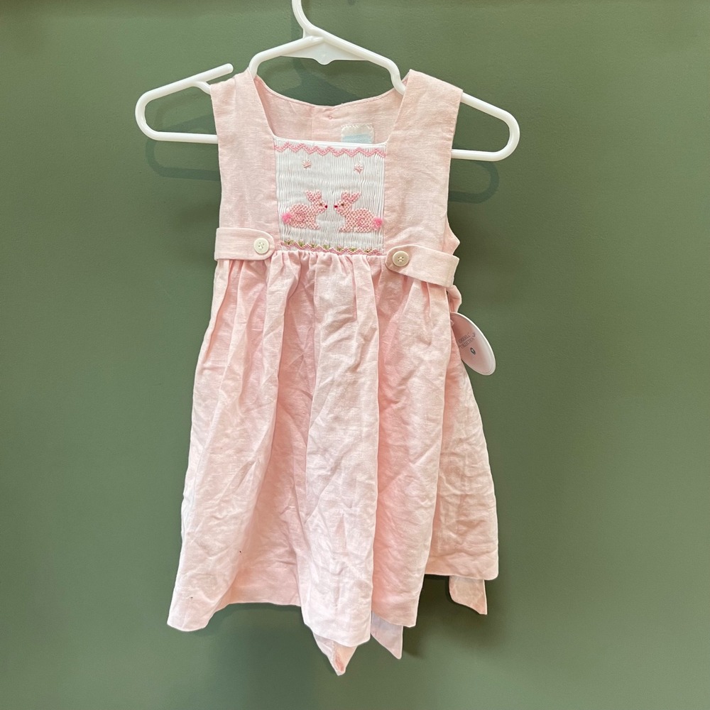 Edgehill Collection‎ Pink Bunny Smocked Linen Blend Pinafore Dress Toddler  12M